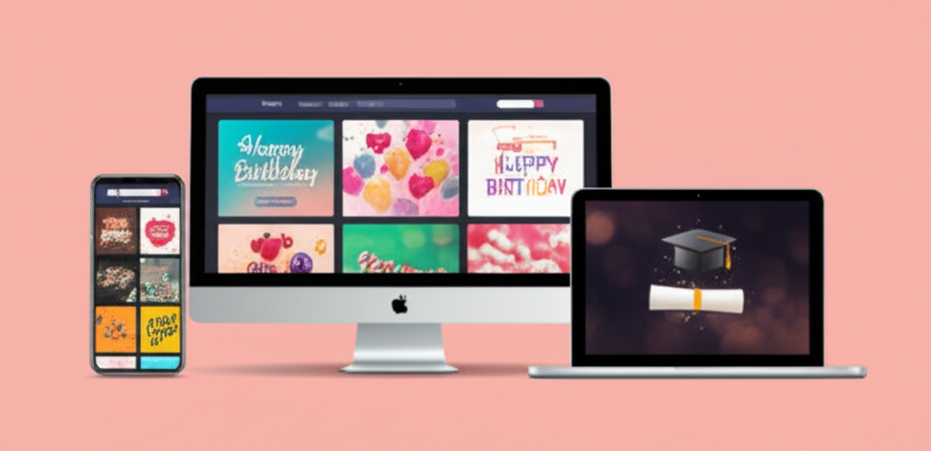 مجموعة تجارب التهنئة الرقمية التفاعلية والمواقع الافتراضية معروضة على أجهزة مختلفة